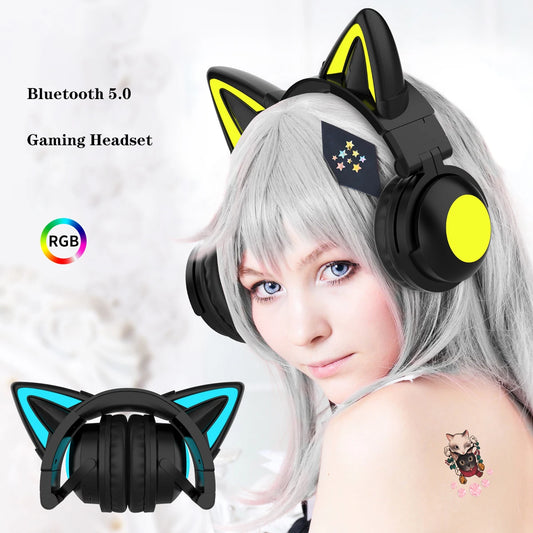 New Arrival RGB Cat Ear Wireless Headsets with Mic 7.1 Stereo Music Bluetooth 5.0 Headset Support Control Light Color Best gift