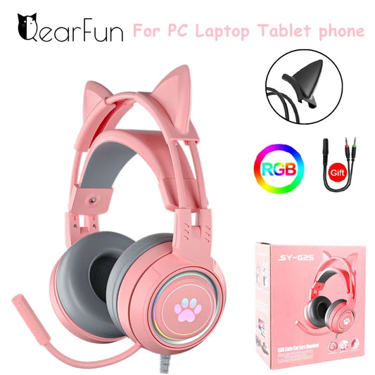 Pink Girls Cat Headphones with Mic for Laptop RGB LED Noise Reduced Stereo PC Headset Gamer for PS4 Phone Xbox Tablet Kid Gift