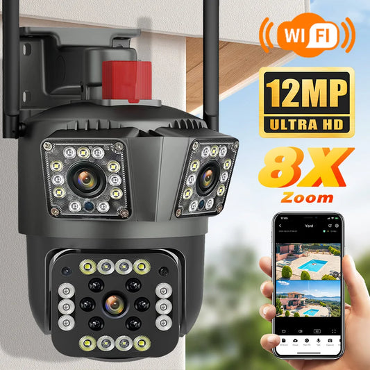 HD 8MP PTZ WiFi 4K  Camera 6K 12MP Three Screens 8X Zoom Security Protection Motion Human Detection Outdoor IP CCTV Survalance