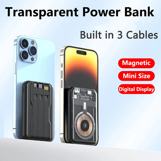 20000mAh Magnetic Qi Wireless Charger Transparent Power Bank for iPhone 14 13 12 Series Mini Powerbank for Samsung Huawei Xiaomi