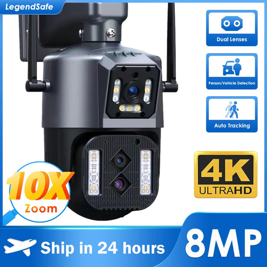 LegendSafe 12MP 6K IP WiFi Outdoor Camera PTZ Three Lens Dual Screen 10X  Zoom Auto Tracking Waterproof Security Protection