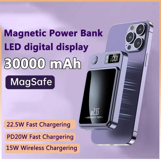 30000mAh Magnetic Power Bank 22.5W Wireless Super Fast Charging Powerbank For iPhone Samsung Huawei Portable Induction Charger