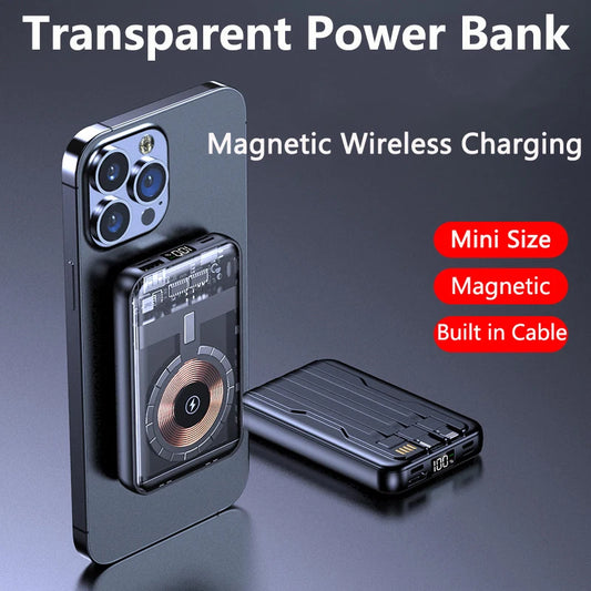 20000mAh Magnetic Qi Wireless Charger Transparent Power Bank for iPhone 14 13 12 Series Mini Powerbank for Samsung Huawei Xiaomi