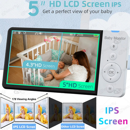 5.0 Inch Wireless Video Baby Monitor 5000mAh Battery IPS Screen With Nanny PTZ Camera 2-way Audio VOX Lullaby SD TF Card Record