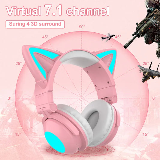 Cute Wireless Headphones Bluetooth RGB Girls Kid Gift Headset Stereo with Microphone Music Control light Cat Ear Gaming Earphone