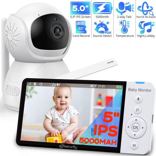 5.0 Inch Wireless Video Baby Monitor 5000mAh Battery IPS Screen With Nanny PTZ Camera 2-way Audio VOX Lullaby SD TF Card Record