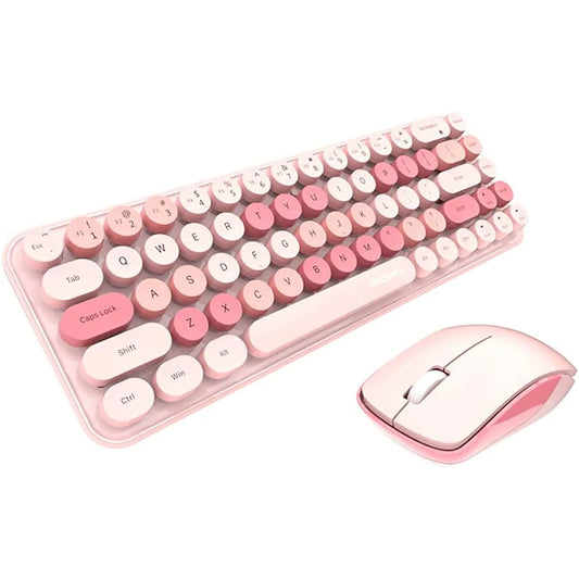 Mofii Pink Keyboard and Mouse Wireless Cute Colorful 68 Round Keycaps Retro Typewriter Compact Keyboard for PC, Desktop, Laptop