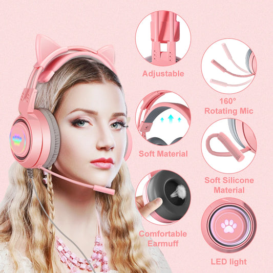 Pink Girls Cat Headphones with Mic for Laptop RGB LED Noise Reduced Stereo PC Headset Gamer for PS4 Phone Xbox Tablet Kid Gift