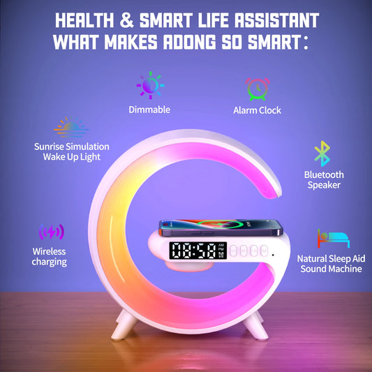 Smart Wireless BT Speakers With Wireless Fast Charging, RGB Light, Sunrise Alarm Clock & Wake Up Light - Perfect For Bedrooms!